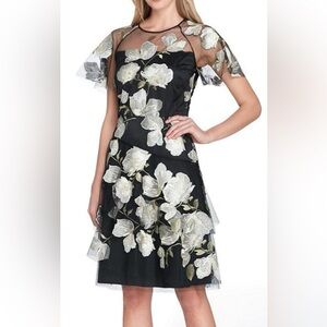 Tahari Womens Dress Size 8 Embroidered Floral Midi Mesh Overlay Sheer Tiered